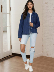 Kotty Women Spread Collar Solid Denim Jacket