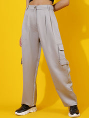 Kotty Women Relaxed Straight Leg Straight Fit High-Rise Easy Wash Pleated Cargos Trousers