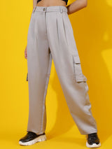 Kotty Women Relaxed Straight Leg Straight Fit High-Rise Easy Wash Pleated Cargos Trousers