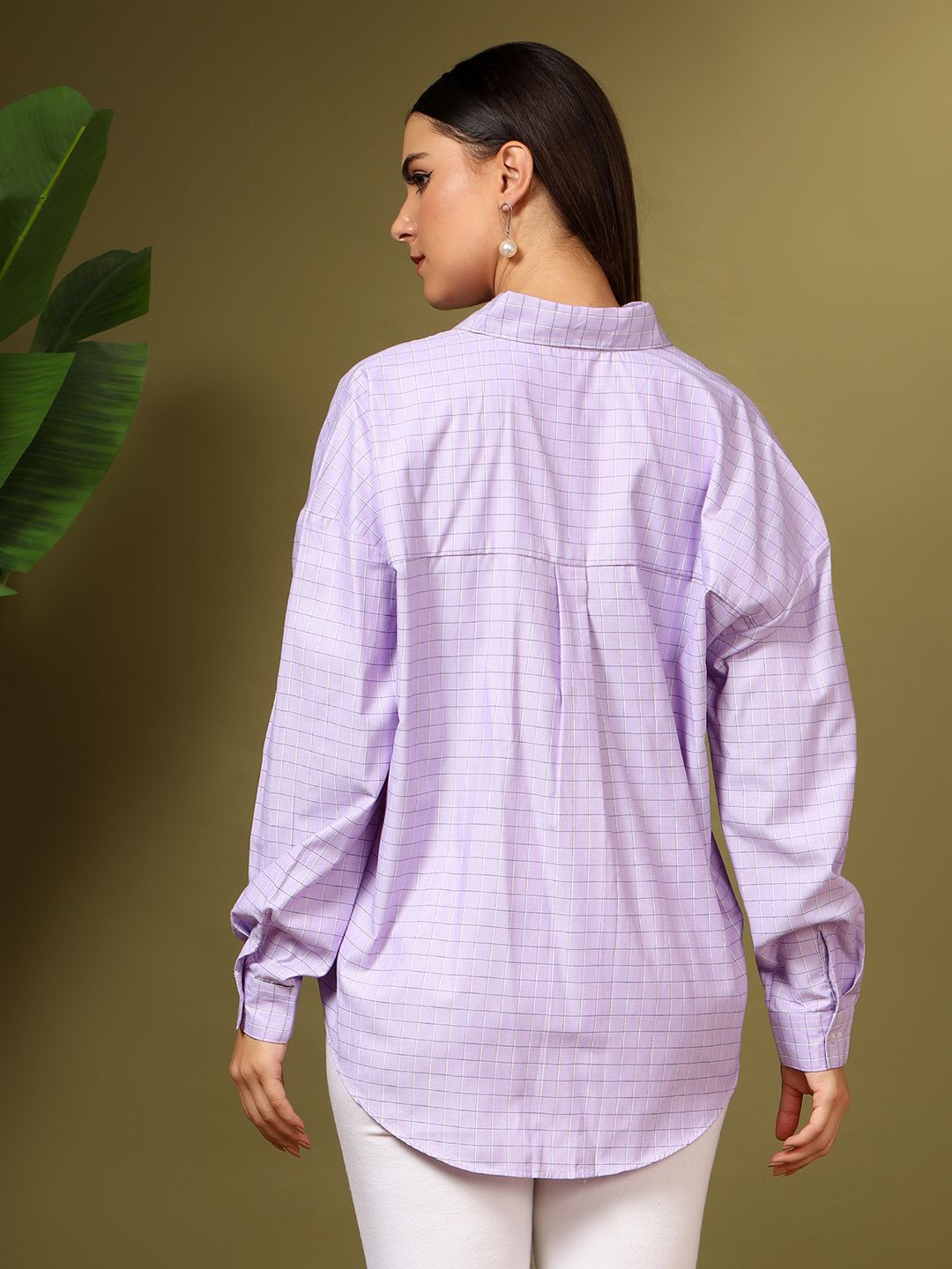 Kotty Women Relaxed Fit Spread Collar Grid Tattersall Checked Cotton Casual Shirt