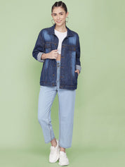 Kotty Women Spread Collar Washed Self Design Cotton Casual Denim Jacket