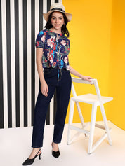 Kotty Women Floral Printed Tie-Up Neck Puff Sleeves Peplum Top