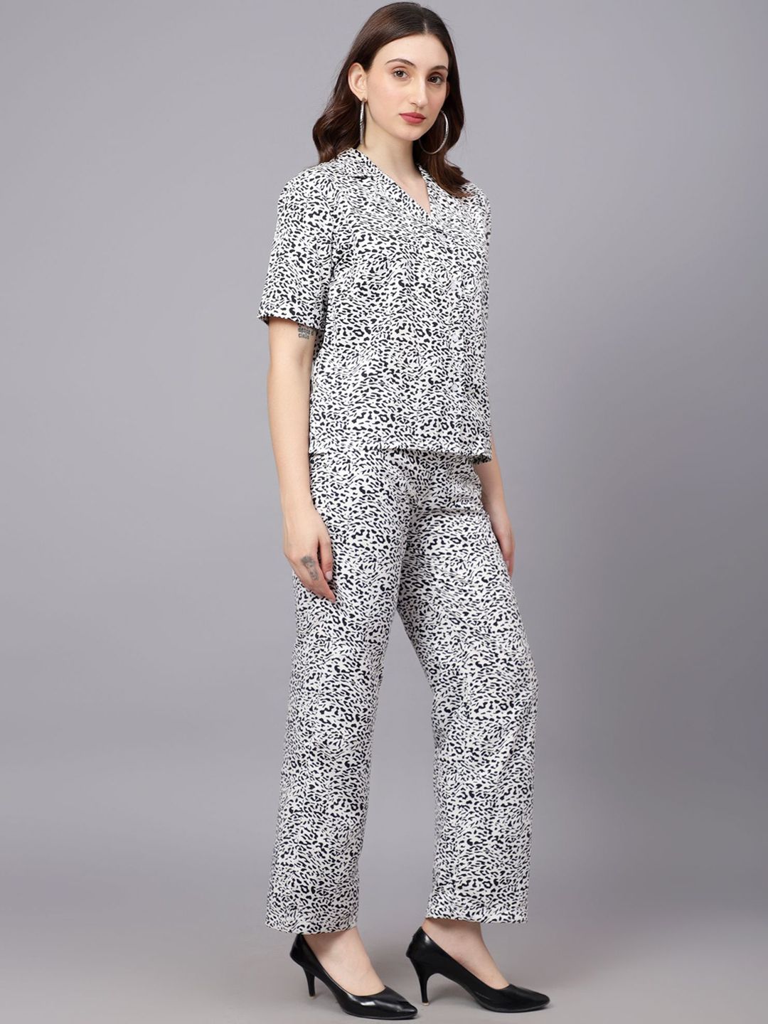 Kotty White & Black Animal Printed Shirt With Trouser