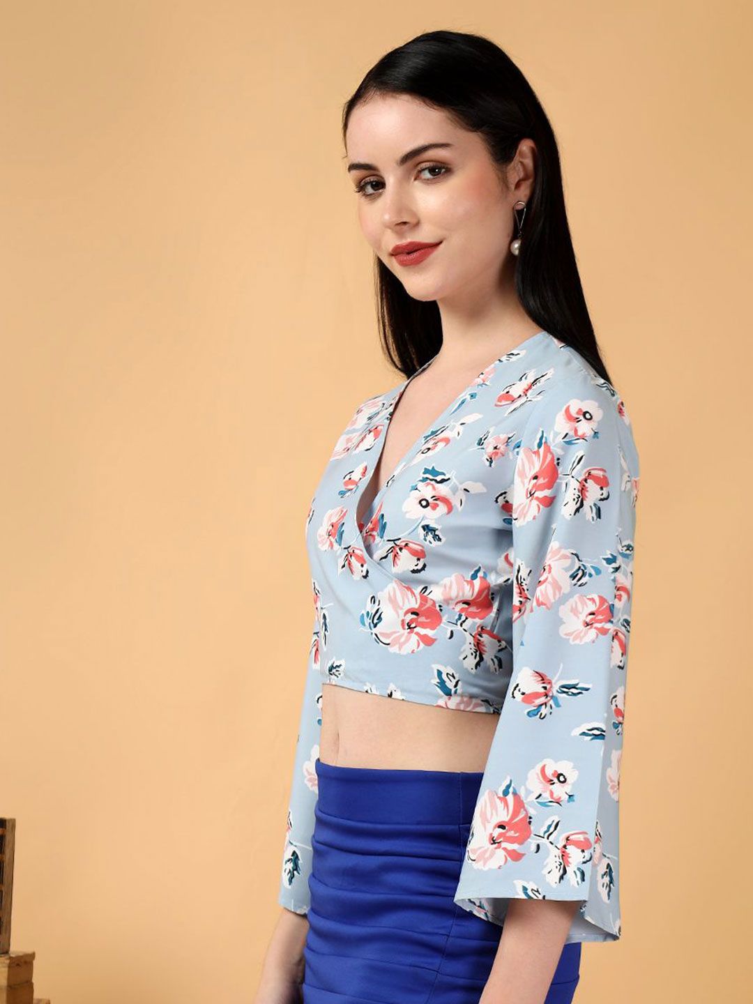 Kotty Floral Print Bell Sleeve Crepe Wrap Crop Top