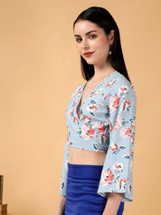 Kotty Floral Print Bell Sleeve Crepe Wrap Crop Top
