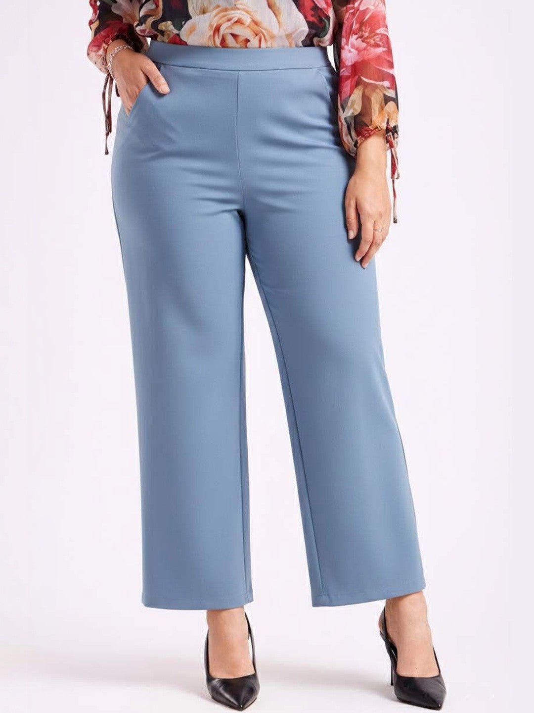 Blue Straight Fit High-Rise Trousers for Women | Kotty