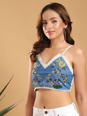 Kotty Women Floral Embroidered V-Neck Smocking Crop Top