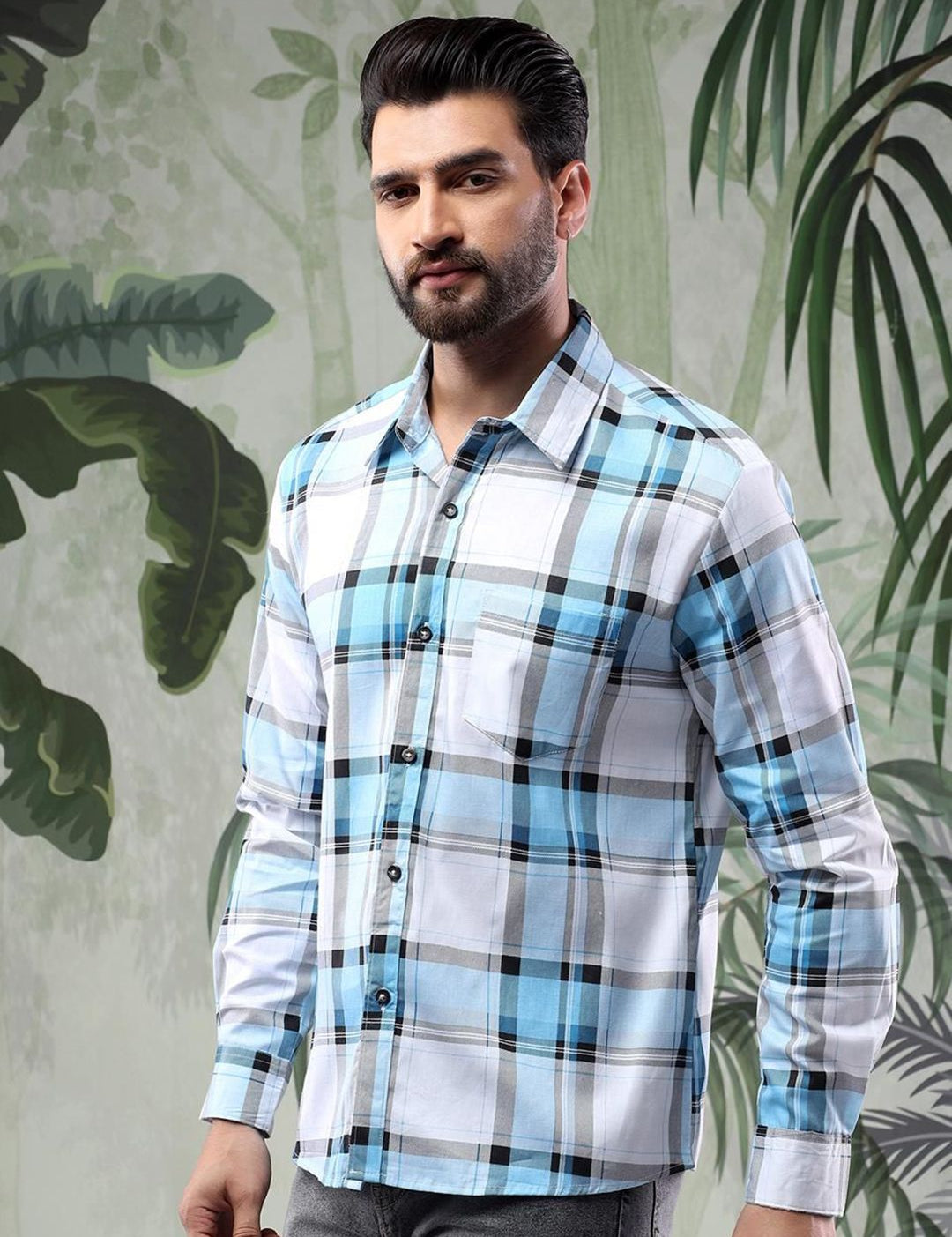 Kotty Men Spread Collar Tartan Checked Casual Shirt