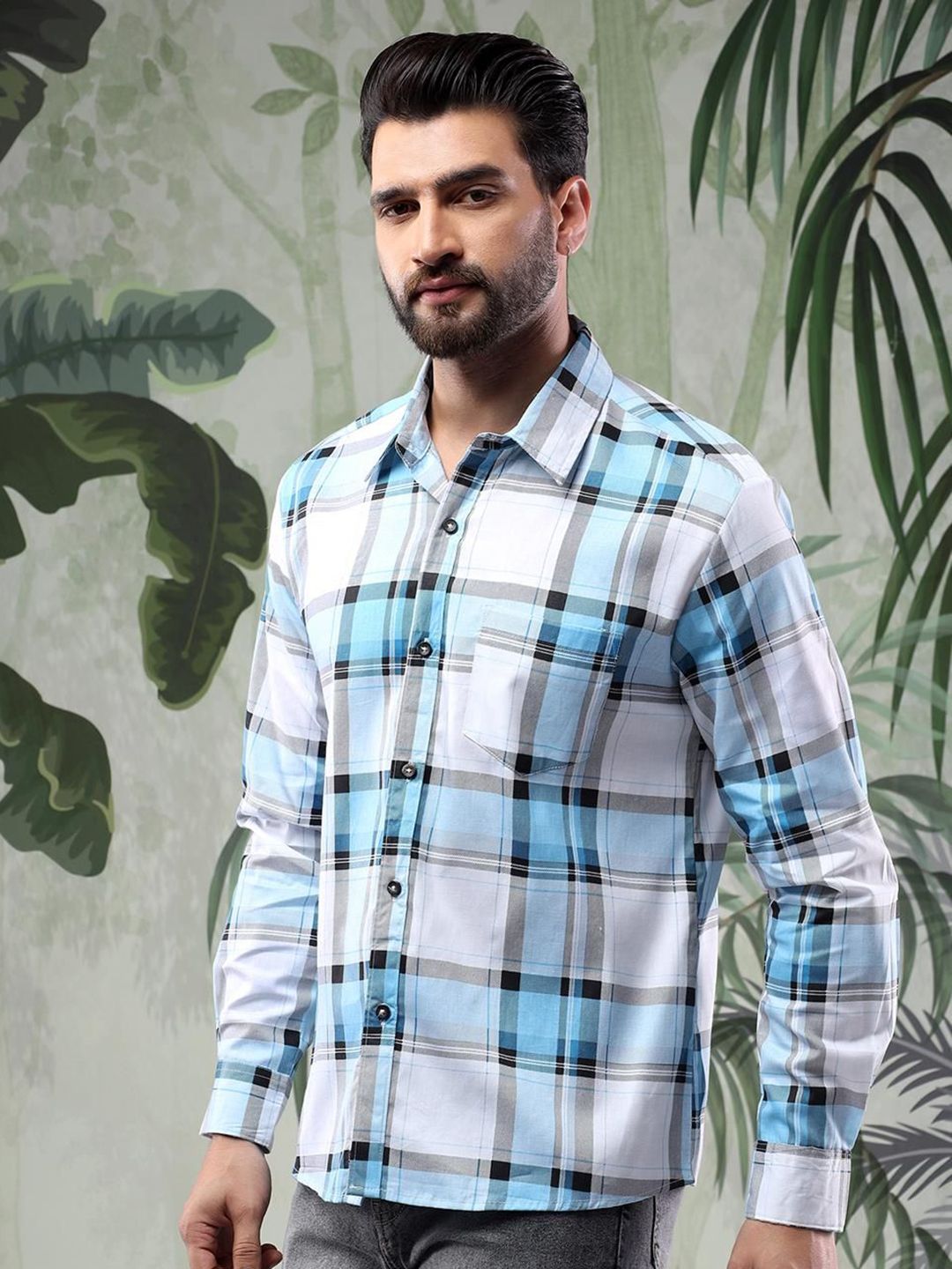 Kotty Men Spread Collar Tartan Checked Casual Shirt