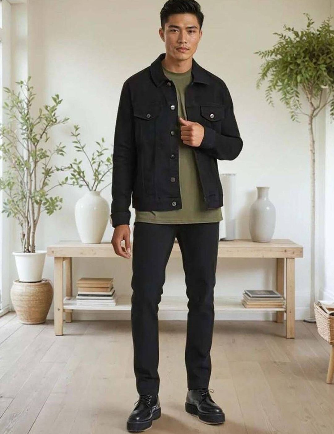 Kotty Men Spread Collar Solid Denim Jacket