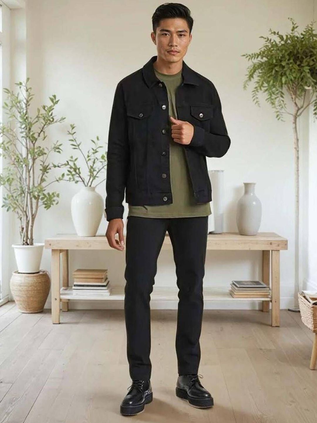 Kotty Men Spread Collar Solid Denim Jacket