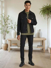 Kotty Men Spread Collar Solid Denim Jacket