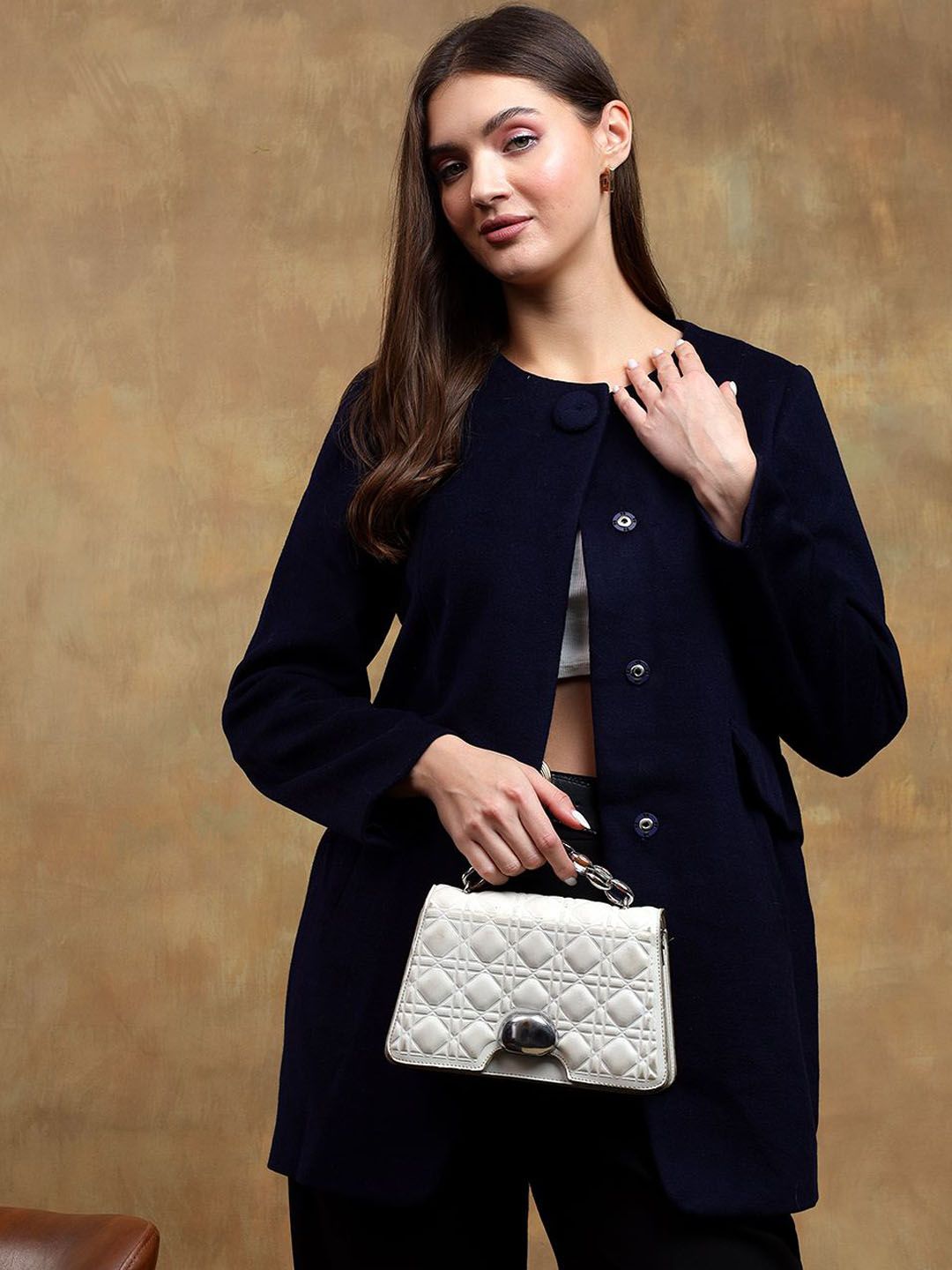 Kotty Women Solid Mandarin Collar Overcoat