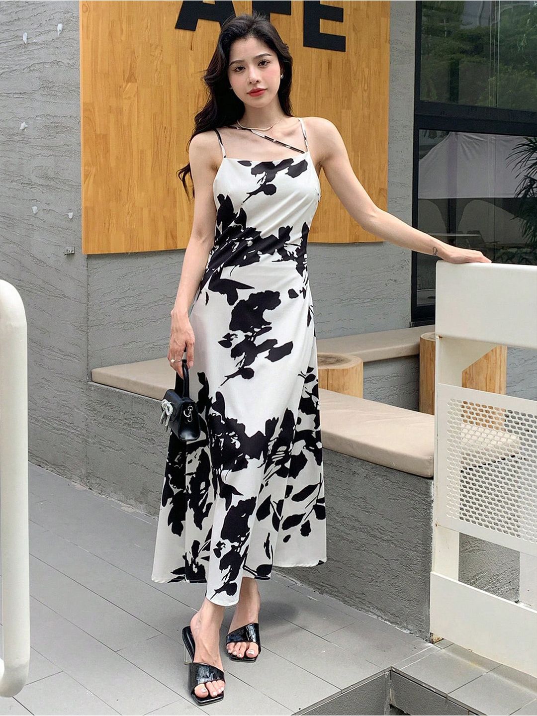 Kotty Abstract Printed Cowl Neck Crepe A-Line Maxi Dress