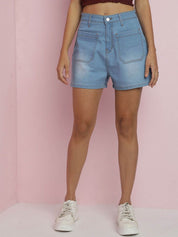 Kotty Women Solid High-Rise Cotton Denim Shorts