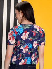 Kotty Women Floral Printed Tie-Up Neck Puff Sleeves Peplum Top