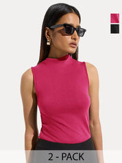 Kotty Pack of 2 Women Solid High Neck Tops