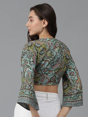 Kotty Print Flared Sleeve Crop Top