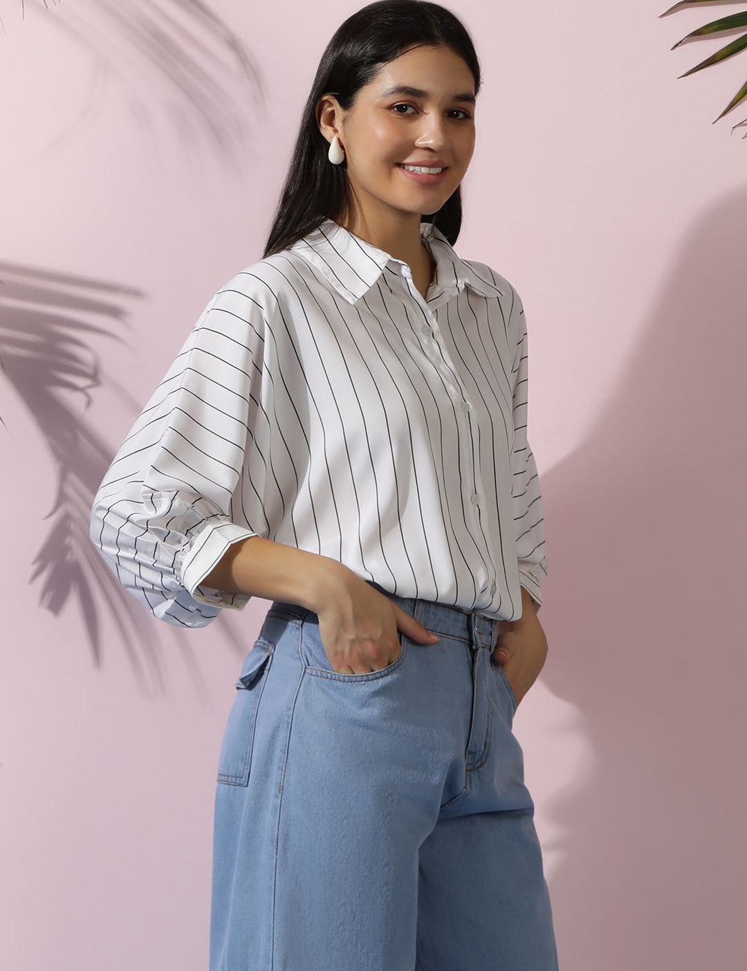 Kotty Women Comfort Spread Collar Vertical Striped Cotton Oversized Casual Shirt