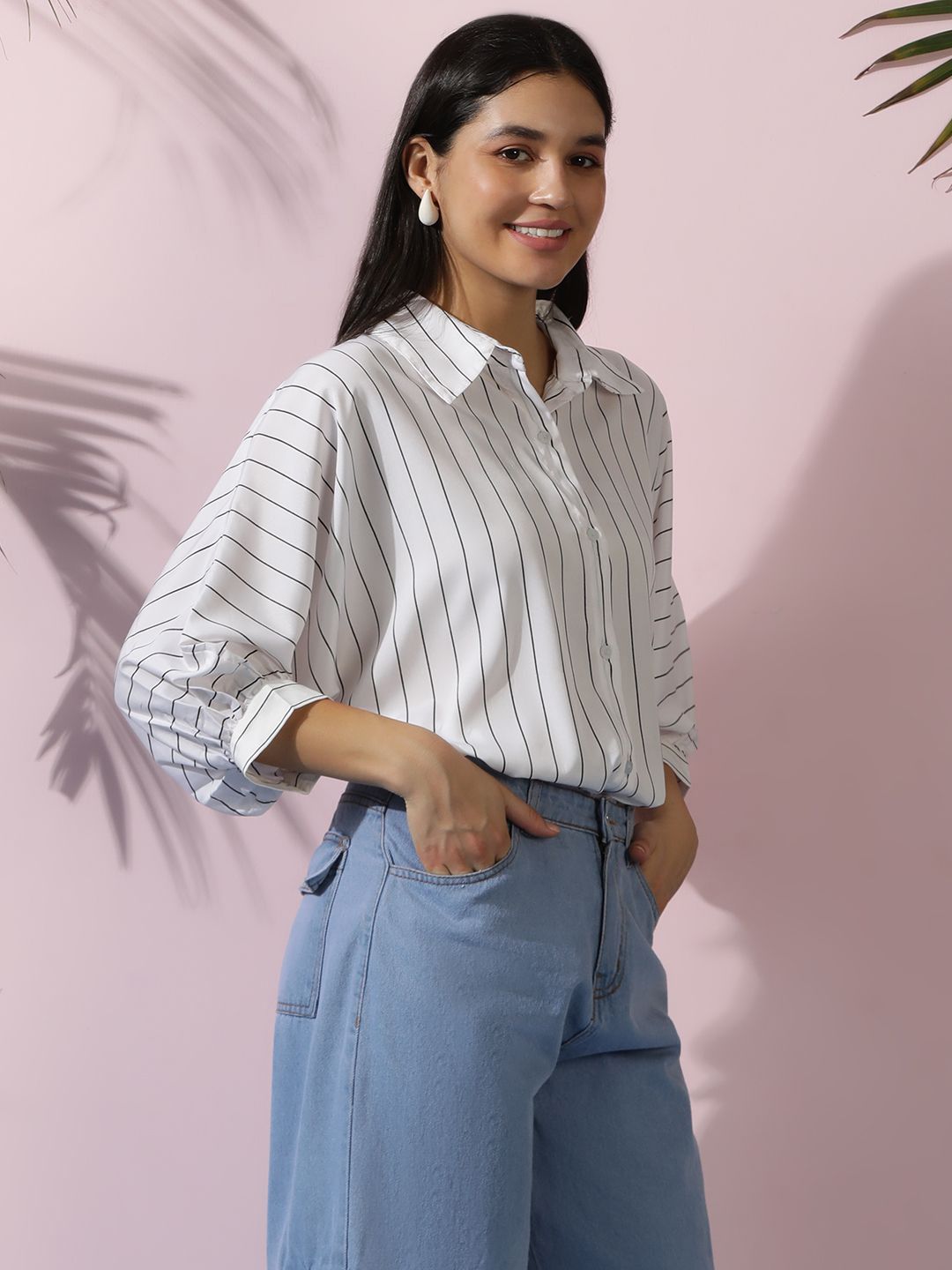 Kotty Women Comfort Spread Collar Vertical Striped Cotton Oversized Casual Shirt