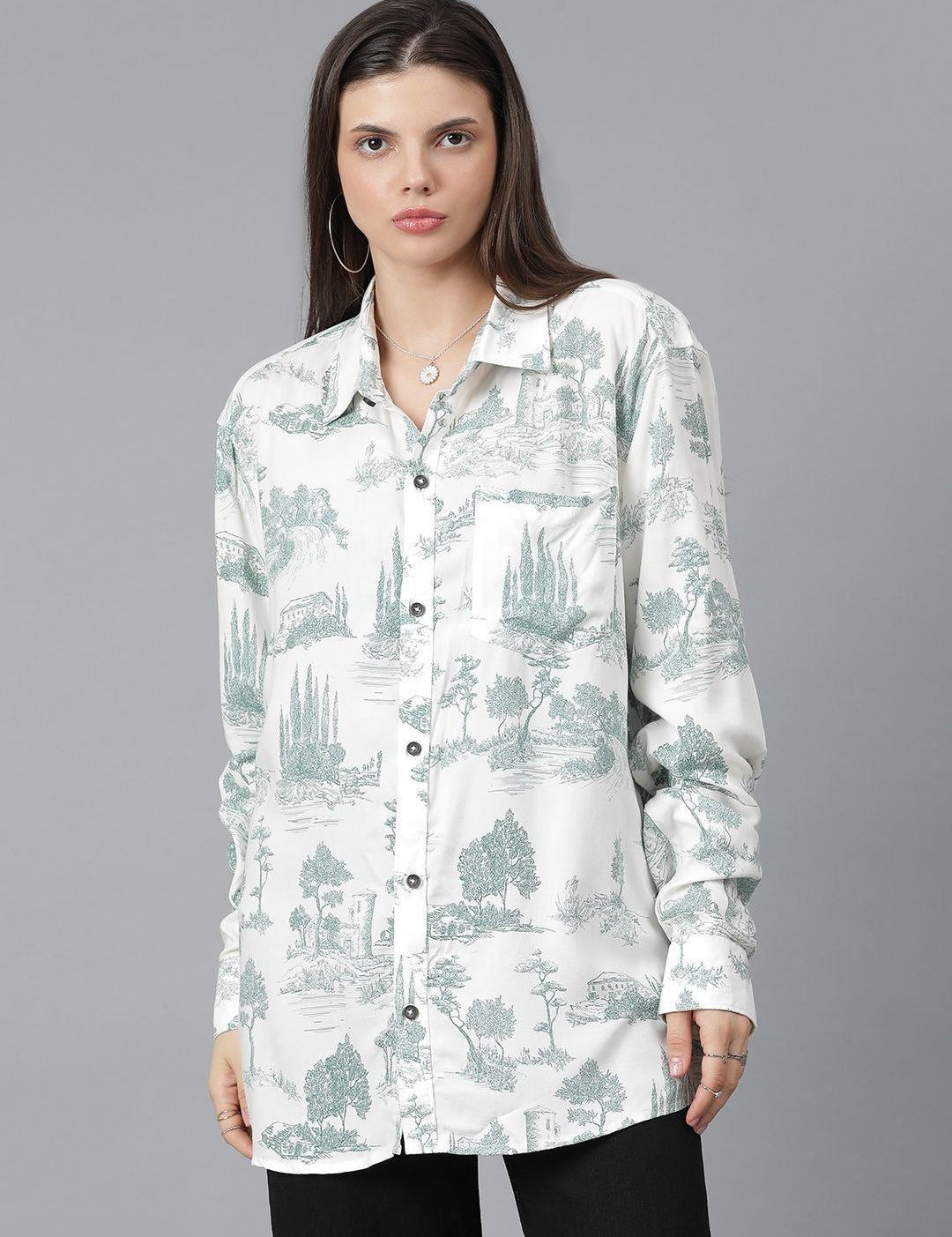 Kotty Women Spread Collar Conversational Printed Cotton Oversized Casual Shirt