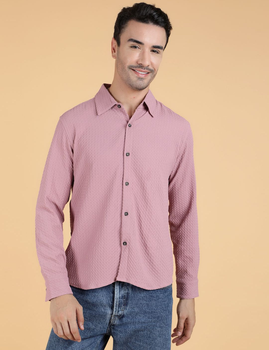 Kotty Men Relaxed Spread Collar Textured Cotton Casual Shirt