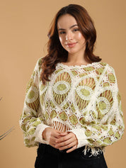 Kotty Women Self Design Crochet Crop Cotton Top