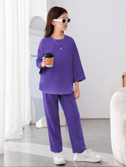 Kotty Girls Purple Round Neck Long Sleeves Top With Trouser