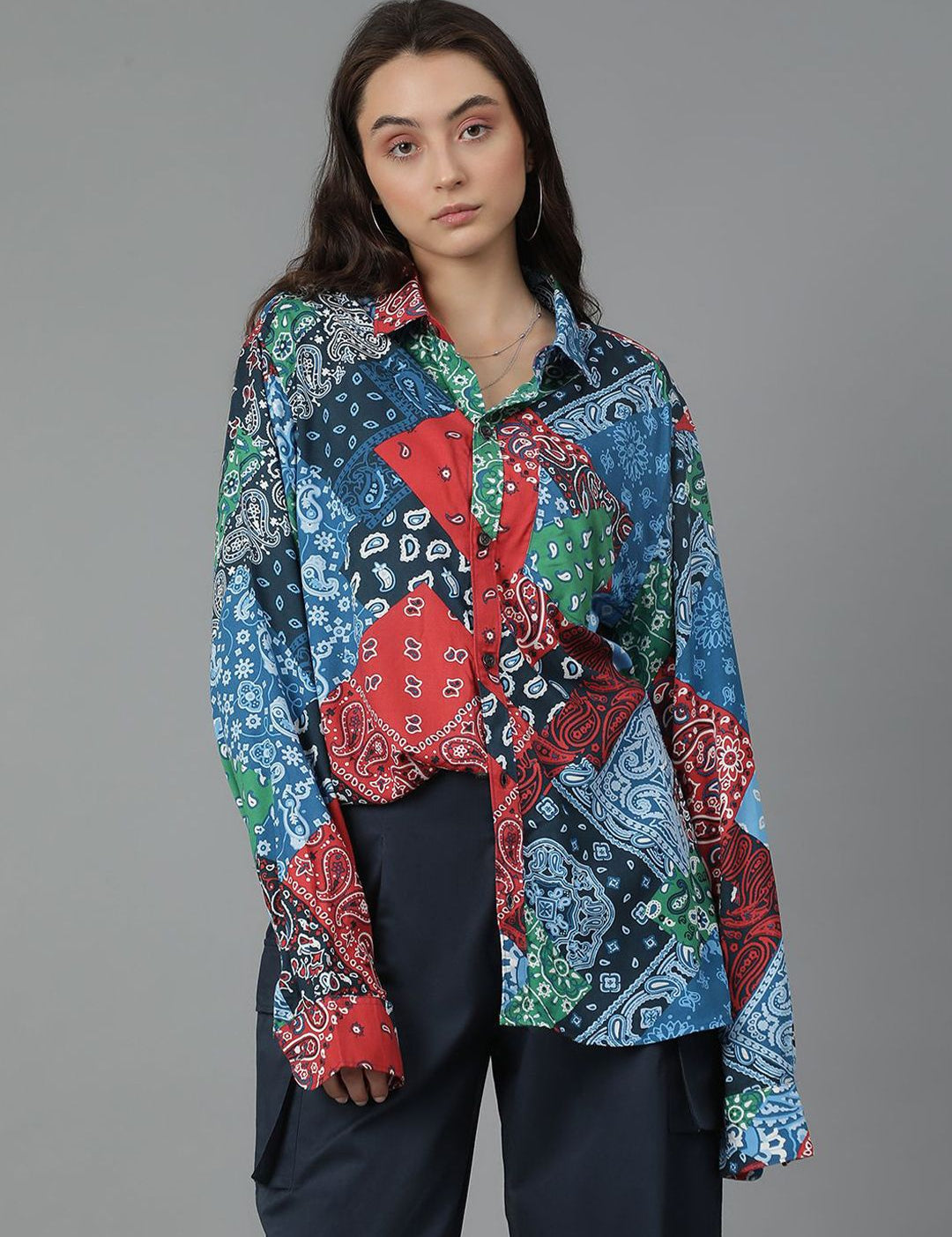 Kotty Women Spread Collar Abstract Printed Cotton Oversized Casual Shirt