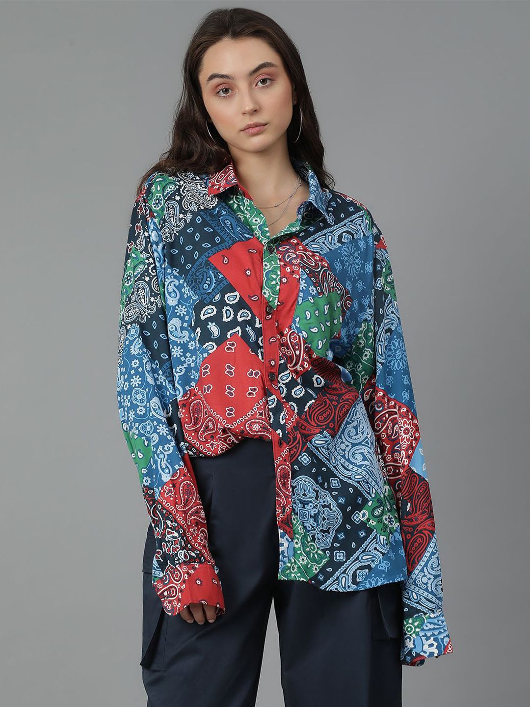 Kotty Women Spread Collar Abstract Printed Cotton Oversized Casual Shirt