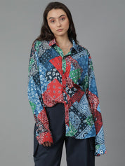 Kotty Women Spread Collar Abstract Printed Cotton Oversized Casual Shirt