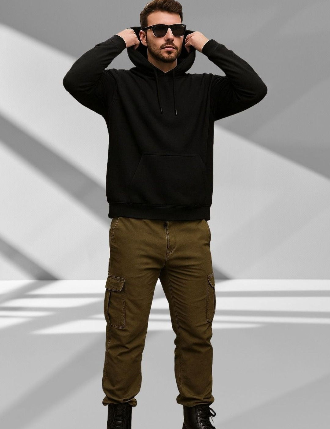 Kotty Men Hooded Solid Ribbed Cotton Pullover Sweatshirt