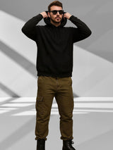 Kotty Men Hooded Solid Ribbed Cotton Pullover Sweatshirt