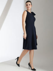 Kotty Solid Round Neck Bow Detailed Fit & Flare Dress