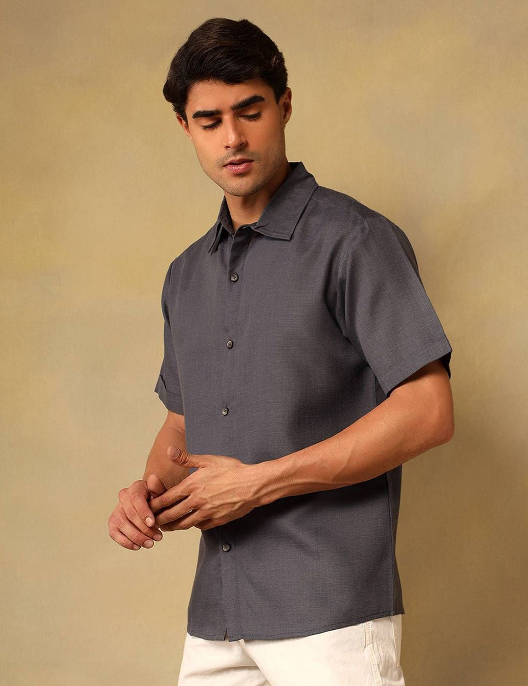 Kotty Men Comfort Fit Solid Spread Collar Linen Casual Shirt