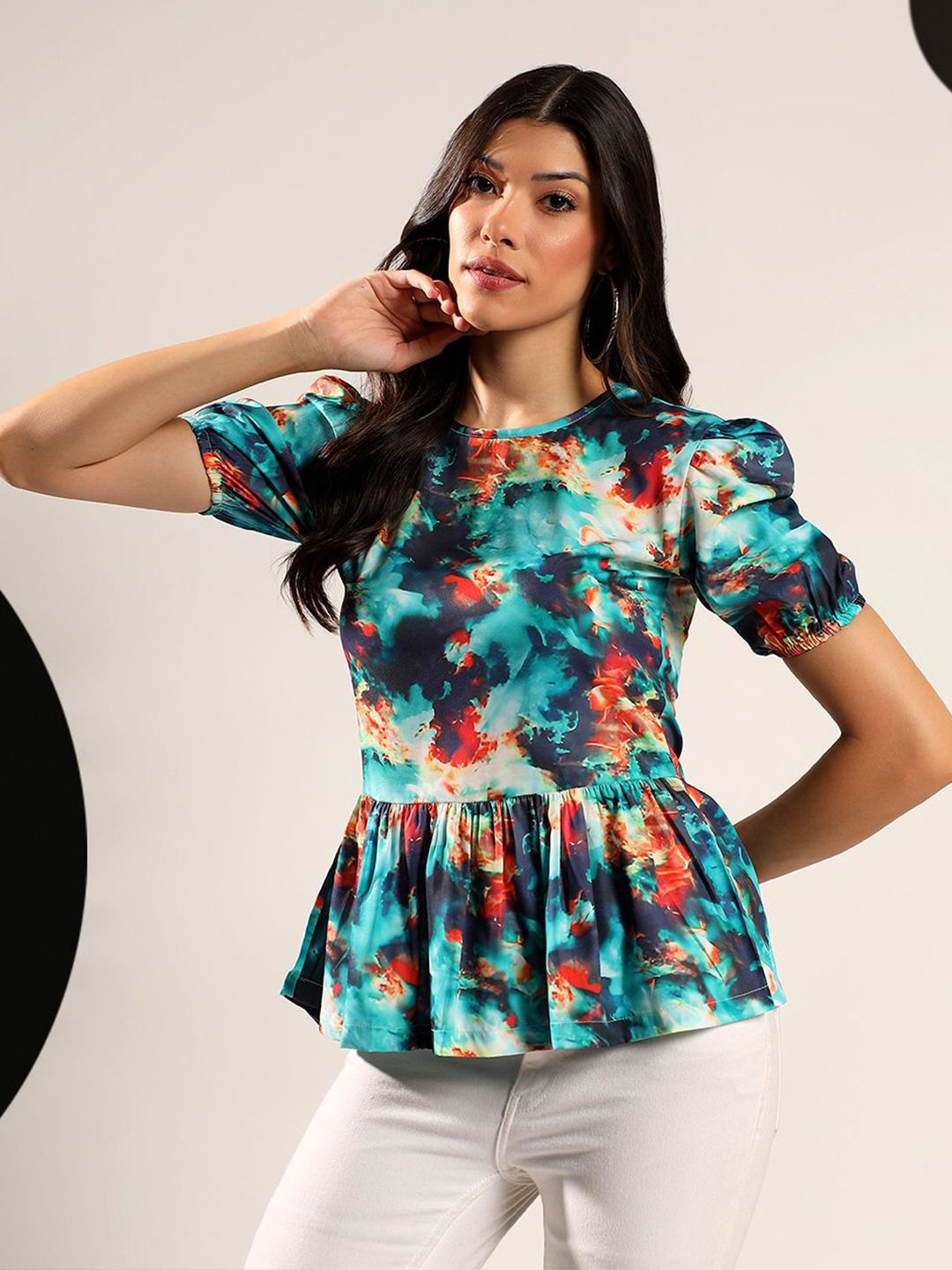 Kotty Women Abstract Printed Round Neck Puff Sleeve Peplum Top