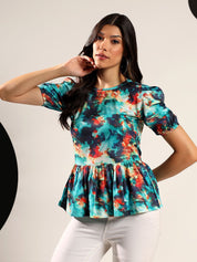 Kotty Women Abstract Printed Round Neck Puff Sleeve Peplum Top