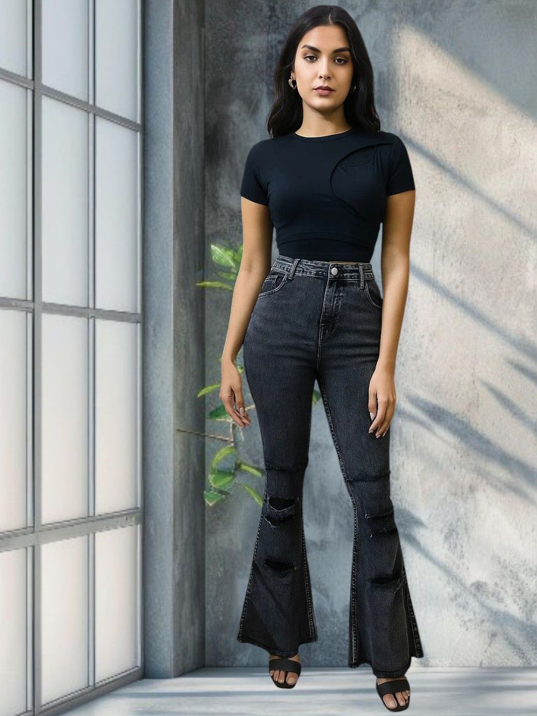 Kotty Women Bootcut High-Rise Highly Distressed Light Fade Stretchable Jeans