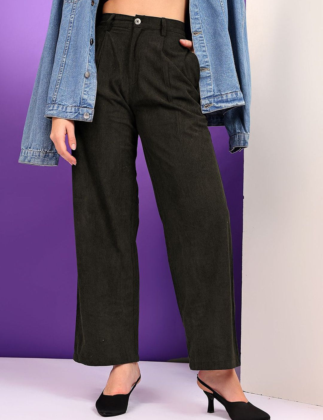 Kotty Women Loose Fit High-Rise Corduroy Pleated Trousers