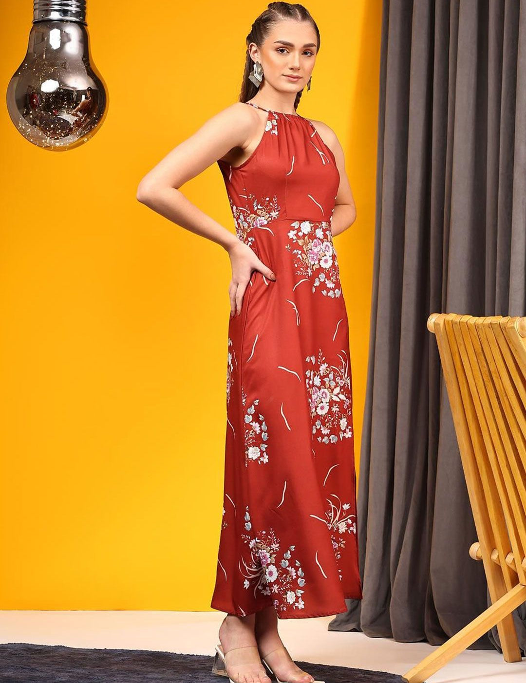 Kotty Print Halter Neck Crepe A-Line Midi Dress