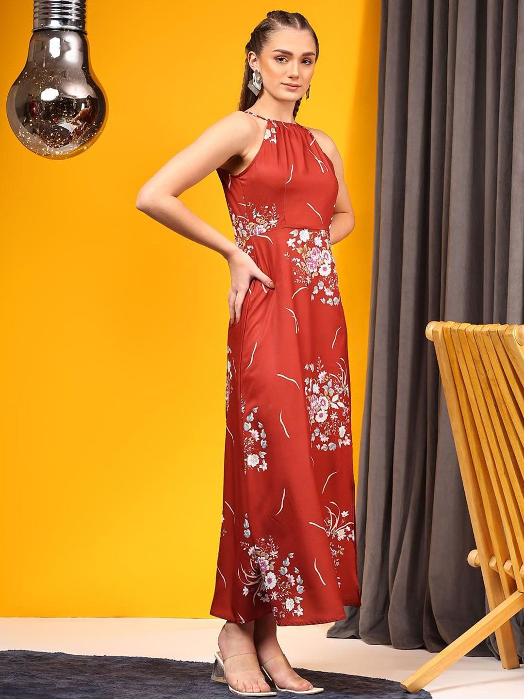 Kotty Print Halter Neck Crepe A-Line Midi Dress