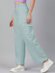 Kotty Women Relaxed Straight Leg Straight Fit High-Rise Easy Wash Pleated Cargos Trousers