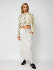 Kotty Women Self Design Round Neck Full Sleeves Cotton Crop Top