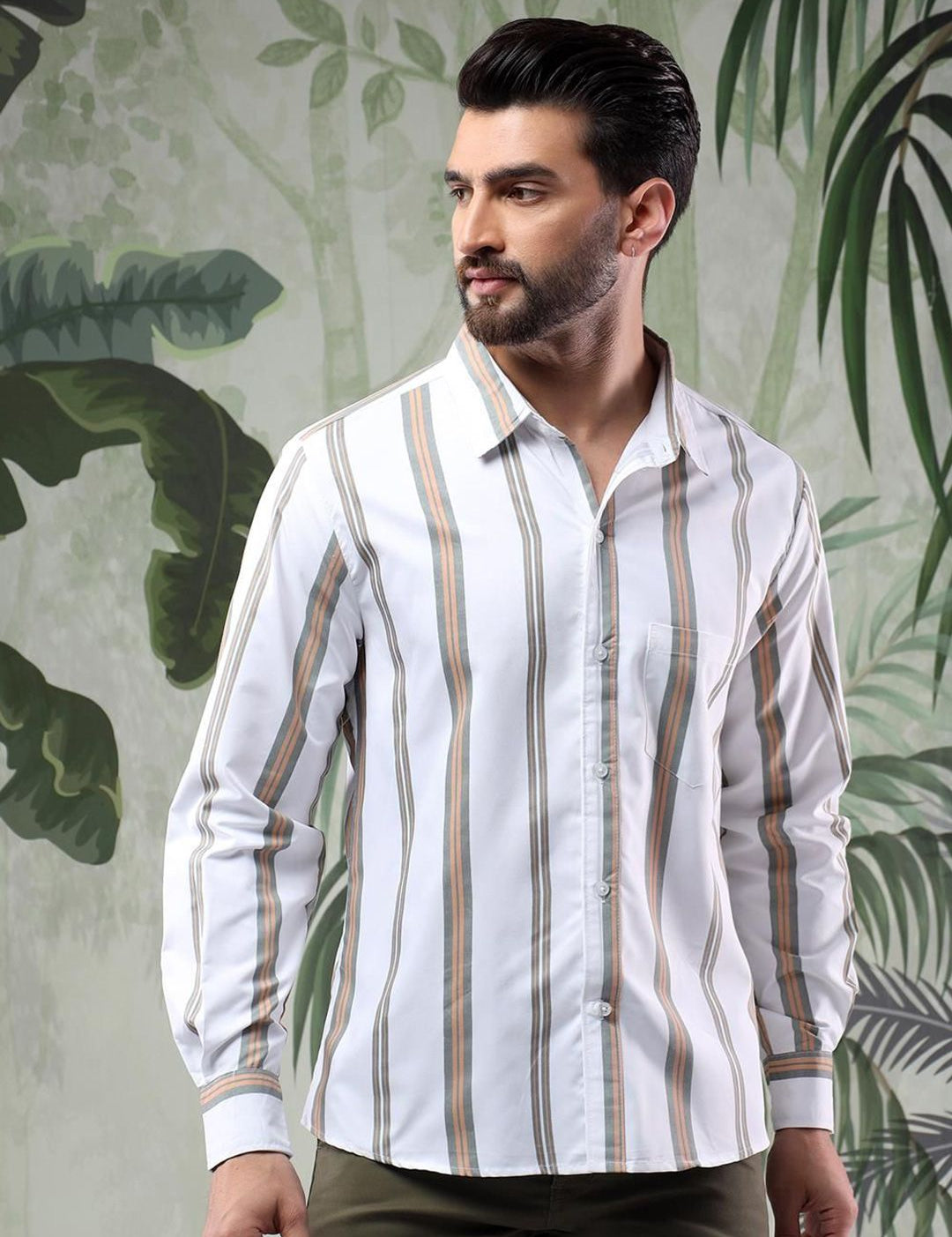 Kotty Men Spread Collar Vertical Striped Casual Shirt