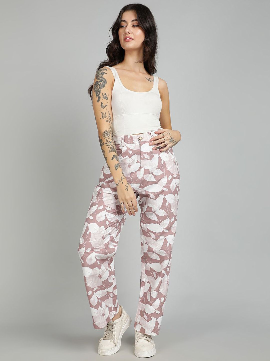 Kotty Women Cotton Floral Printed Straight Fit High-Rise Easy Wash Trousers