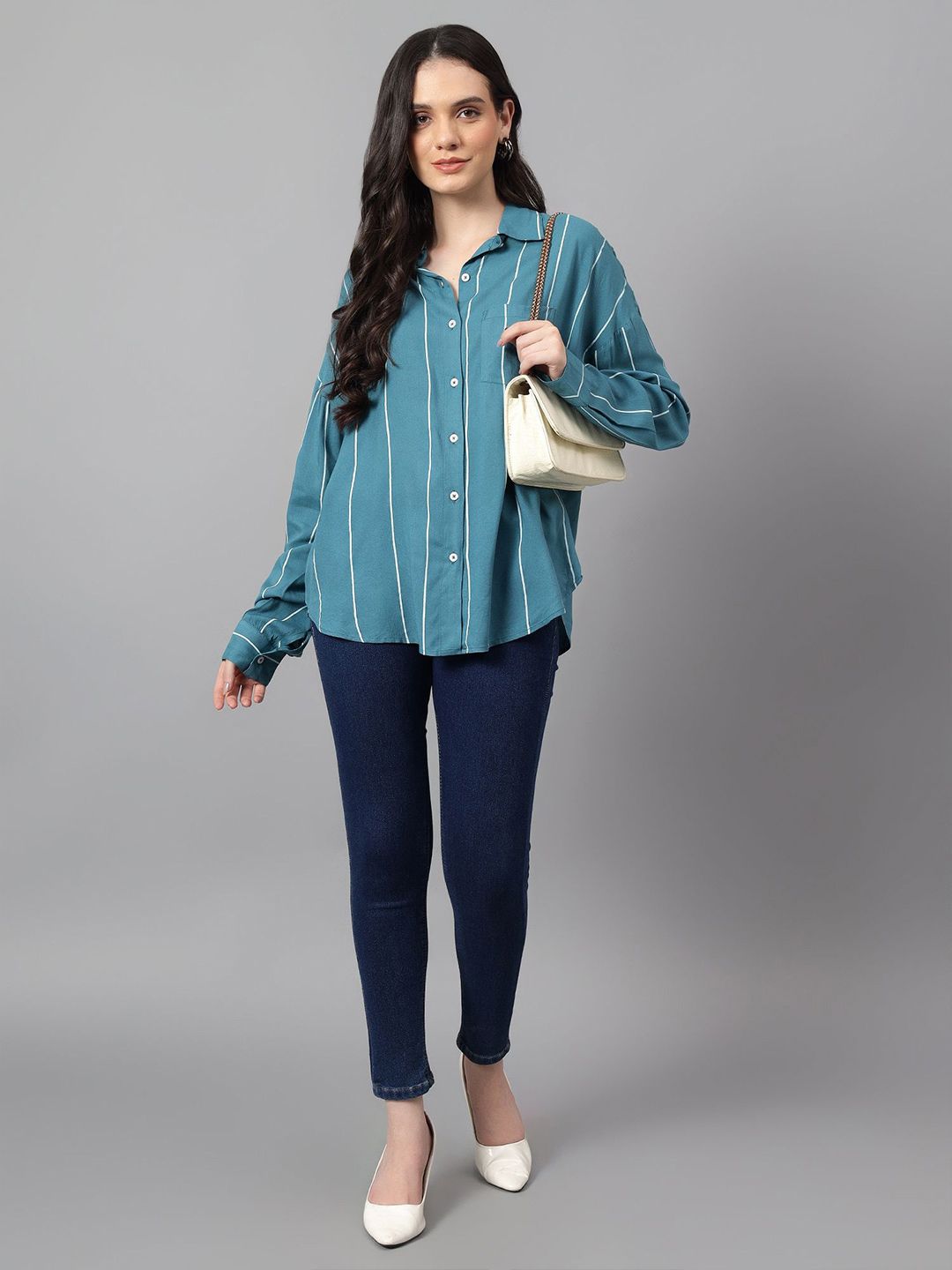 Kotty Women Comfort Spread Collar Vertical Striped Cotton Oversized Casual Shirt