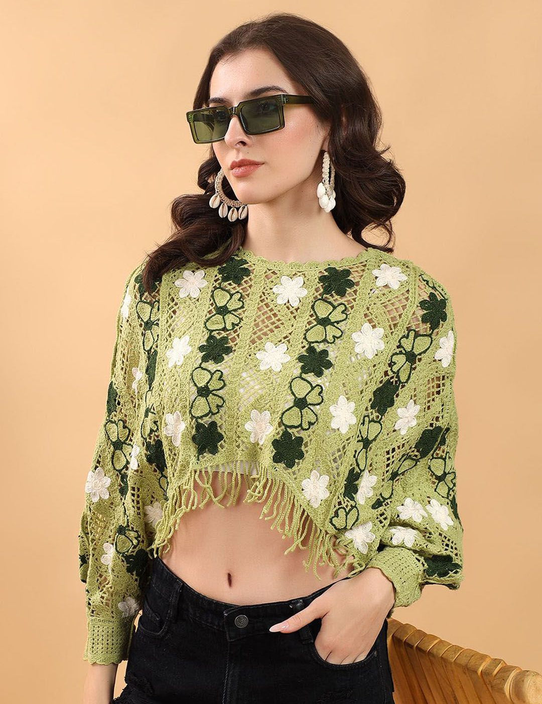 Kotty Women Crochet Floral Fringe Top