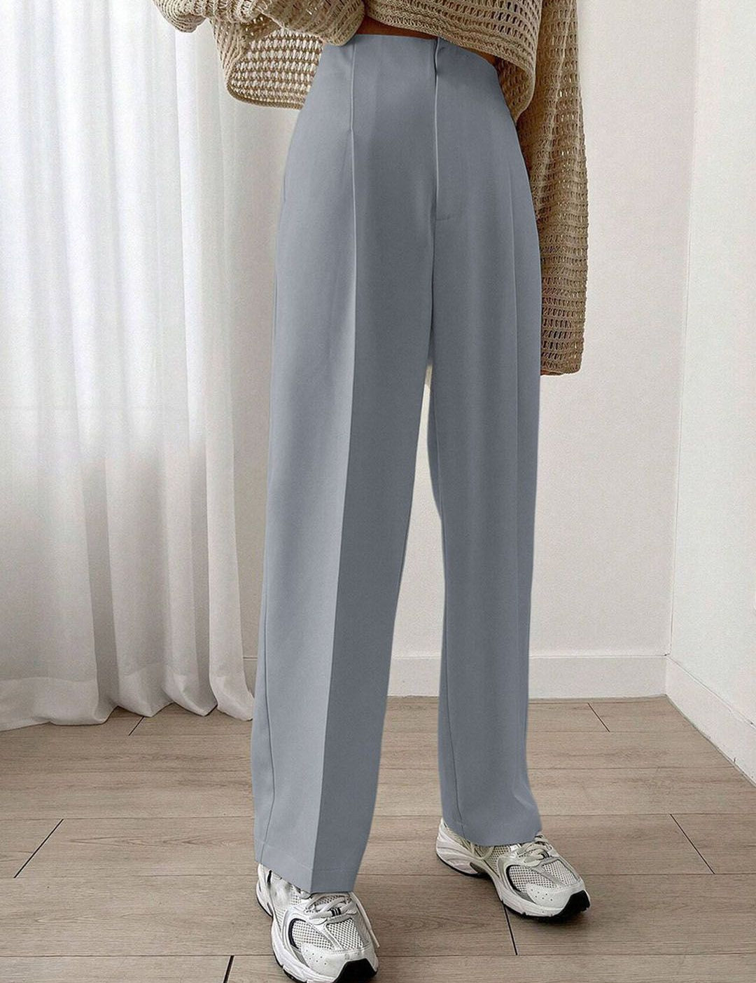 Kotty Women Relaxed Straight Leg Straight Fit High-Rise Cotton Pleated Formal Trousers