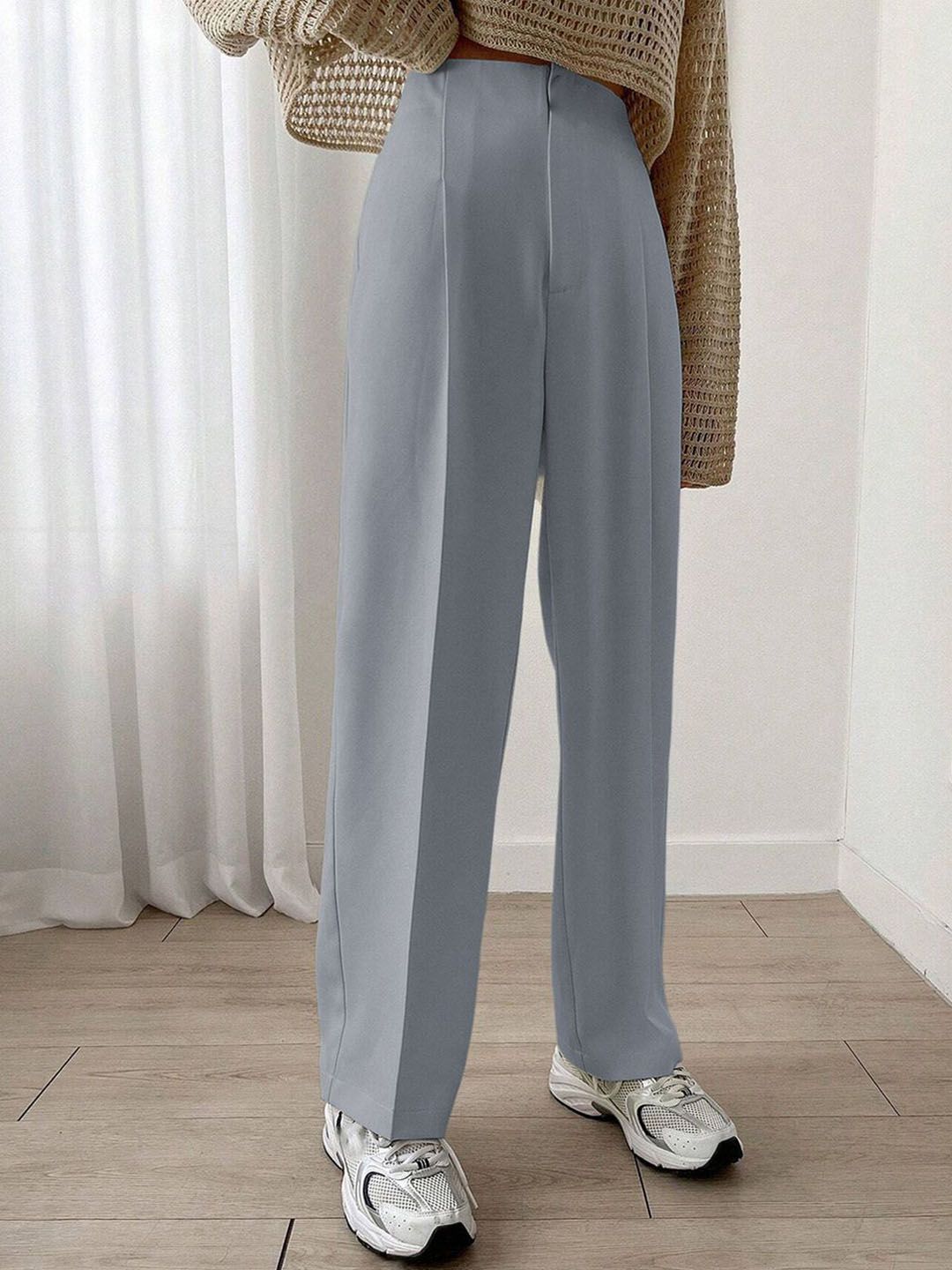 Kotty Women Relaxed Straight Leg Straight Fit High-Rise Cotton Pleated Formal Trousers