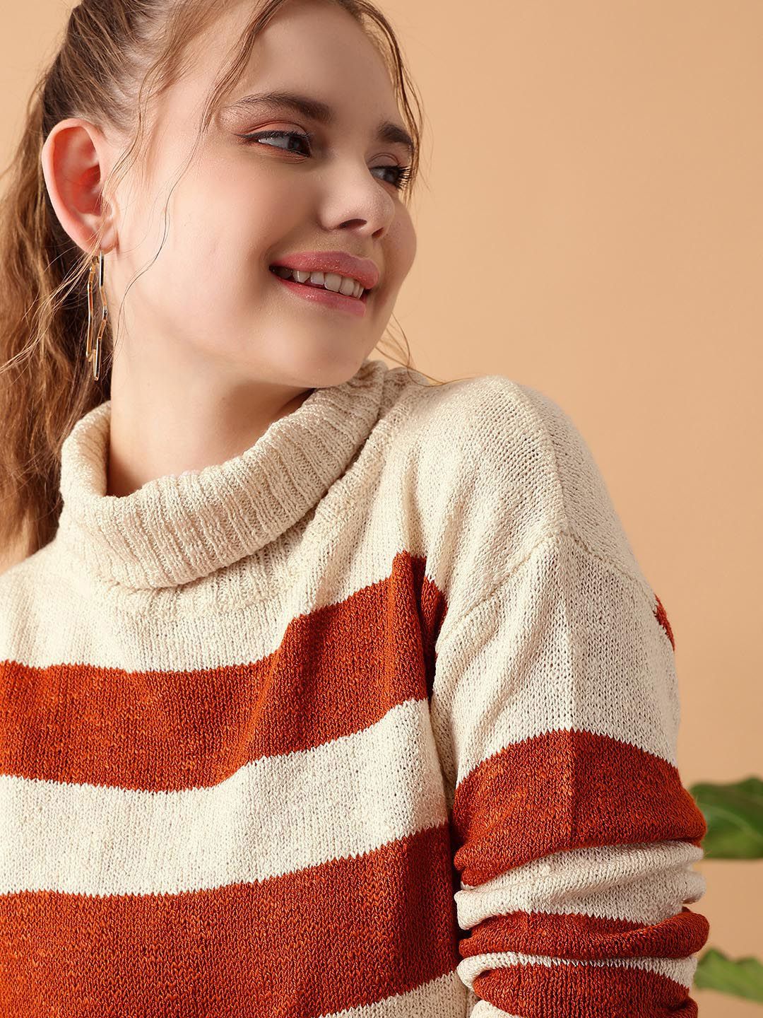 Kotty Women Cotton Striped Turtle Neck Long Sleeves Pullover Sweaters